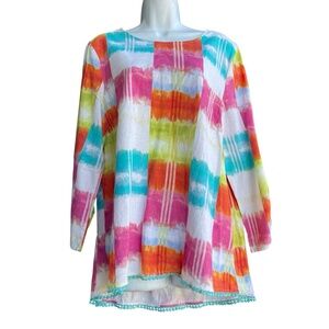 A LA CARTE Linen Rayon Tunic Top Abstract Prints Long Sleeve Multicolor Blouse L